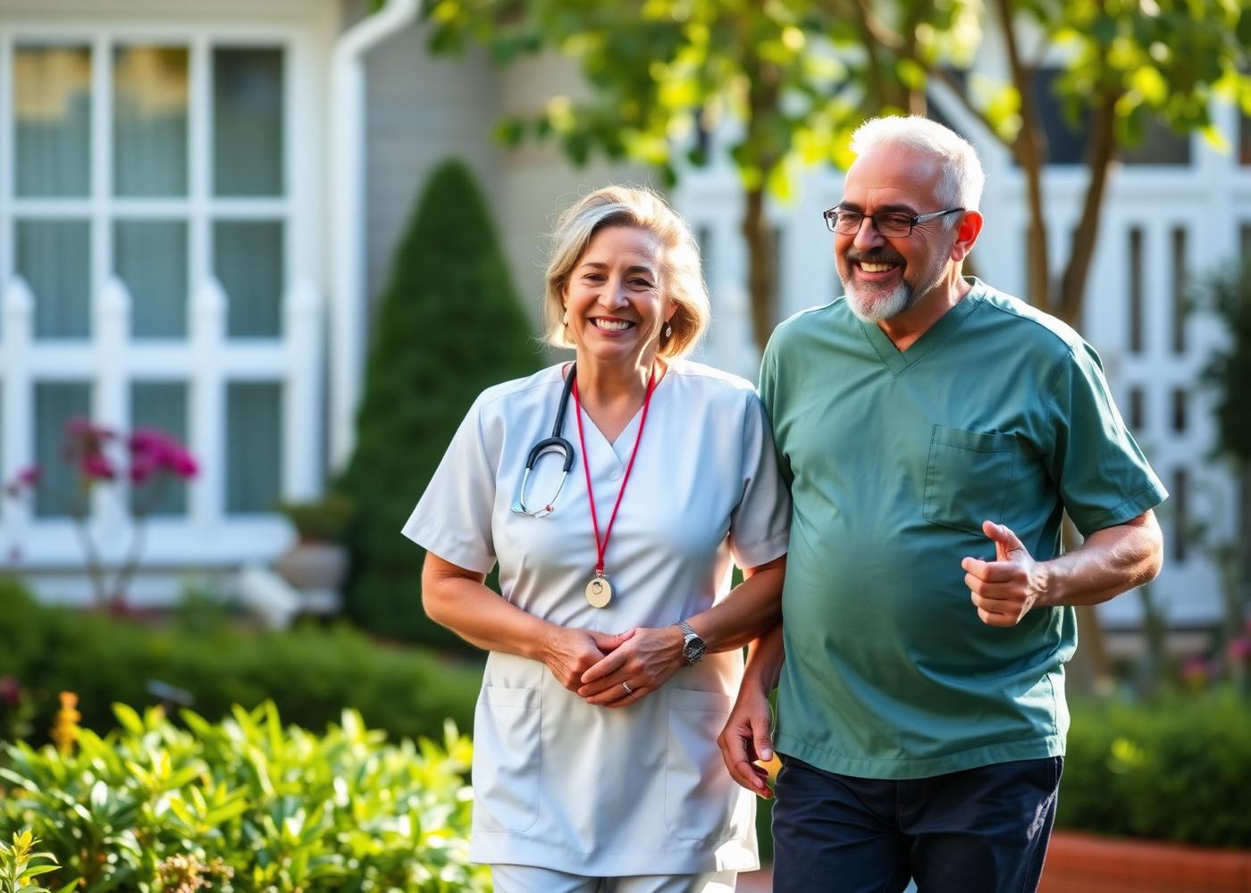 Friendly caregiver walking with a senior in a garden