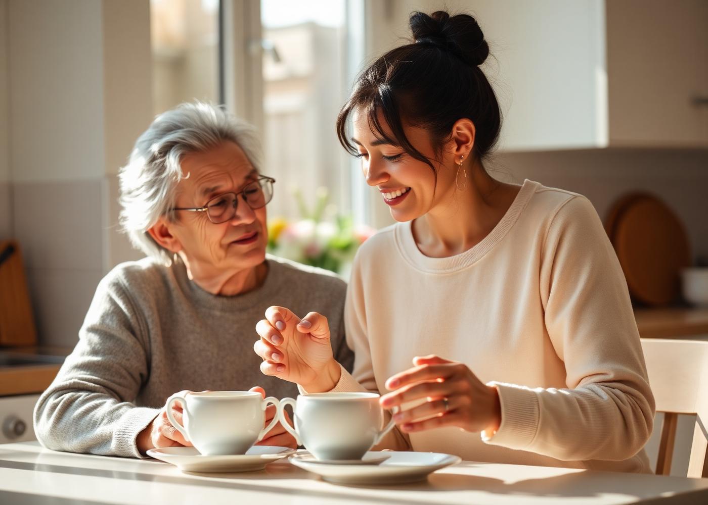 Adult daughter and senior parent sharing tea in a bright kitchen